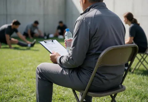 Un entraîneur de soccer observe ses joueurs s'étirer sur l'herbe, tenant une pizarra et une bouteille d'eau.