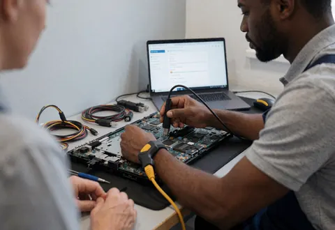 Un technicien répare une carte mère à l'aide d'un multimètre tandis qu'un client regarde attentivement, un ordinateur portable est allumé en arrière-plan.