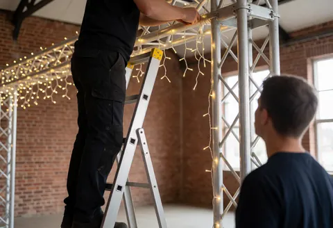 Un technicien pose des luminaires LED chauds sur une structure en aluminium dans un salon à murs de briques, illustrant un service d'éclairage pour événements.