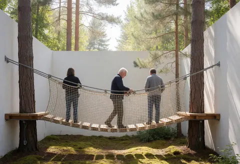 Trois personnes marchant sur un pont en bois avec des filets de sécurité, entouré d'arbres dans un parc d'aventure.