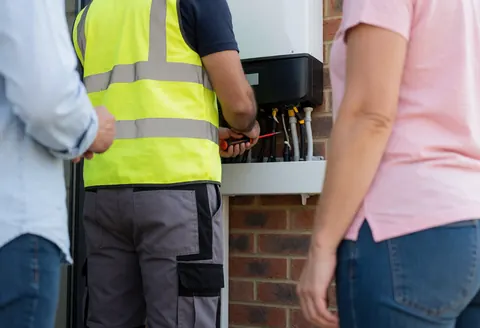 Un technicien en gilet réfléchissant répare un onduleur solaire fixé sur un mur de briques pendant qu'un client observe la prestation.