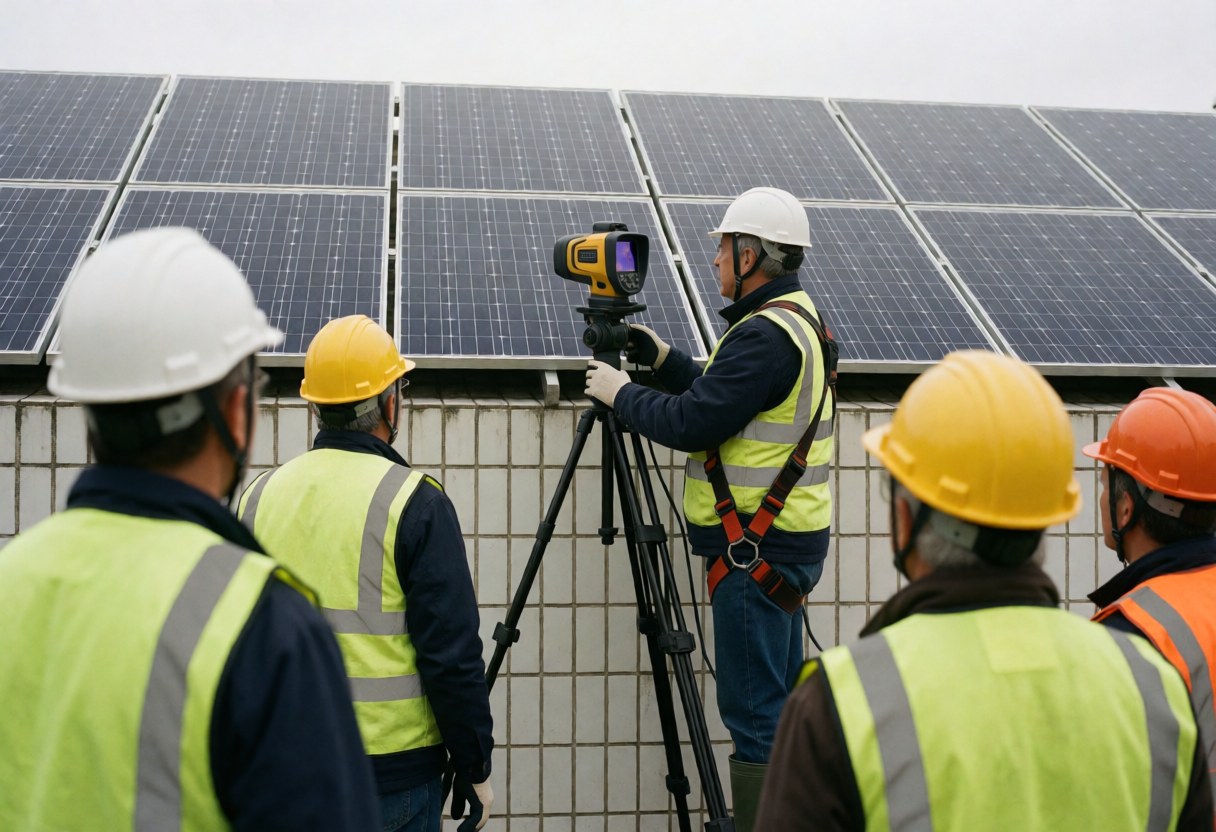 Un technicien en tenue de sécurité utilise une caméra thermique sur un toit équipé de panneaux solaires pour une réparation.