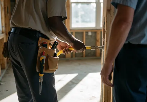 Un technicien professionnel raccorde un tube de gaz jaune sur une paroi en bois lors d'un chantier de construction, tenant un outil à la main.