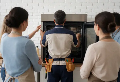 Un technicien avec une ceinture à outils ajuste un four industriel dans une cuisine aux murs de briques blanches, observé par plusieurs personnes.