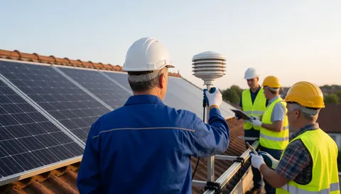 Un technicien en tenue de sécurité ajuste un capteur météorologique sur des panneaux solaires installés sur un toit, dans le cadre d'une intervention de maintenance.