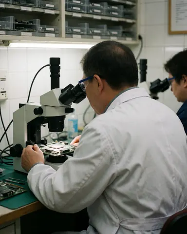Un technicien en blouse blanche examine attentivement les composants d'une carte mère à l'aide d'un microscope dans un atelier de réparation électronique.