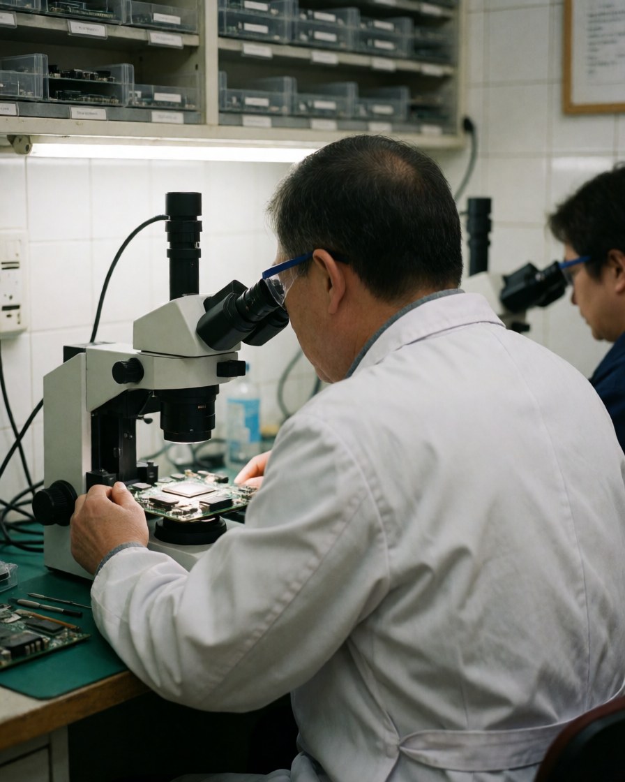 Un technicien en blouse blanche examine attentivement les composants d'une carte mère à l'aide d'un microscope dans un atelier de réparation électronique.