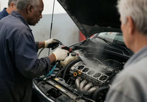 Un mécanicien portant des gants applique un spray de nettoyage sur le bloc moteur d'une voiture au capot ouvert dans un atelier.