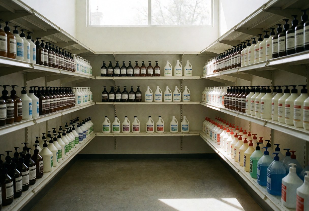 Rangements remplis de bouteilles de savon et de cire dans un entrepôt de lavage automobile, éclairé par la lumière naturelle d'une fenêtre haute.