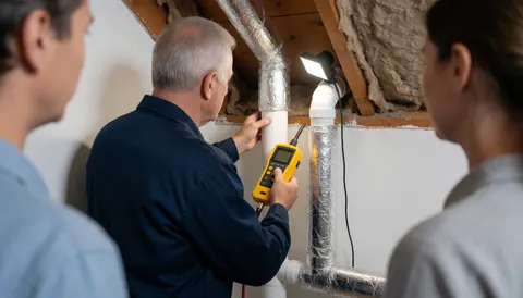 Un technicien en gaz utilise un détecteur pour inspecter des tuyaux au plafond pendant que des clients observent l'installation.