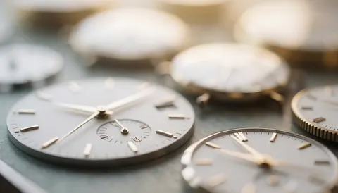 Cadrans de montre métalliques posés sur une surface de travail avec un éclairage chaleureux, servant de fond pour le secteur horloger.