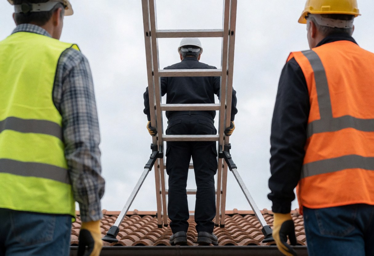 Un technicien en hauteur sur un toit répare des panneaux solaires tandis que deux collègues observent depuis le sol, dans le cadre d'une intervention de maintenance professionnelle.