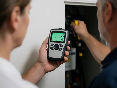 Un technicien tient un détecteur de gaz numérique avec une lecture zéro pendant qu'un collègue travaille sur une boîte de service près d'un mur blanc lors d'une installation.