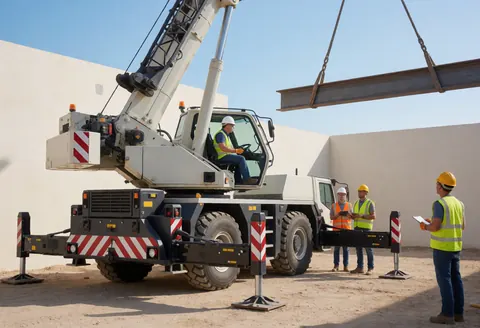 Une grue mobile soulève une poutre en acier pendant qu'un opérateur en tenue de sécurité observe la manœuvre.