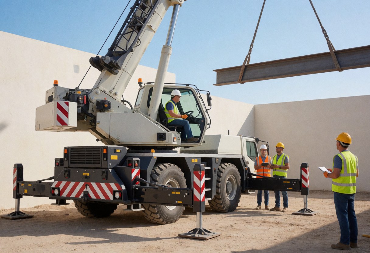 Une grue mobile soulève une poutre en acier pendant qu'un opérateur en tenue de sécurité observe la manœuvre.