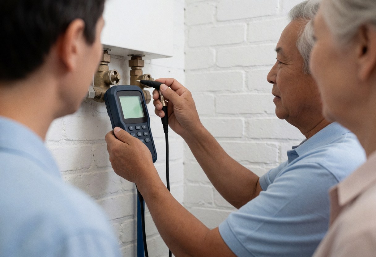 Un technicien utilise un détecteur numérique pour inspecter une vanne de gaz fixée sur un mur en briques blanches pendant que des clients observent le service.