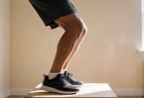 Une jambe d'adulte en mouvement au-dessus d'une boîte plyo, avec des particules de poussière dans l'air, sur un fond de mur beige éclairé par la lumière naturelle.