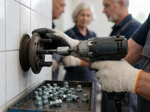 Des mains portant des gants utilisent un outil d'impact sur une jante automobile, avec des vis disposées sur un plateau magnétique près d'un mur carrelé blanc dans un atelier.