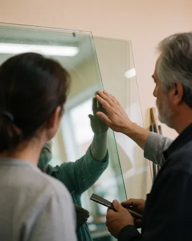 Deux professionnels installent un grand panneau de verre en atelier. L'un tient un outil de coupe tandis que l'autre guide la pièce avec sa main.