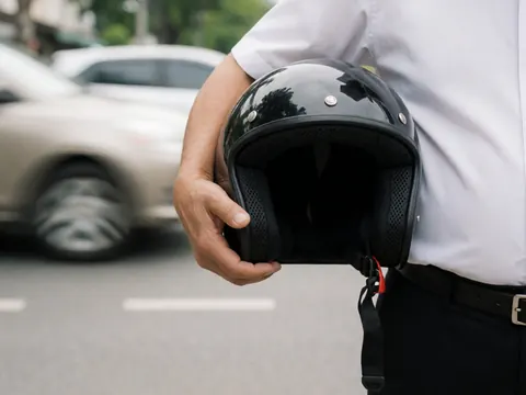 Gros plan d'une main tenant un casque de moto noir, avec des voitures floues en arrière-plan, évoquant le transport urbain.