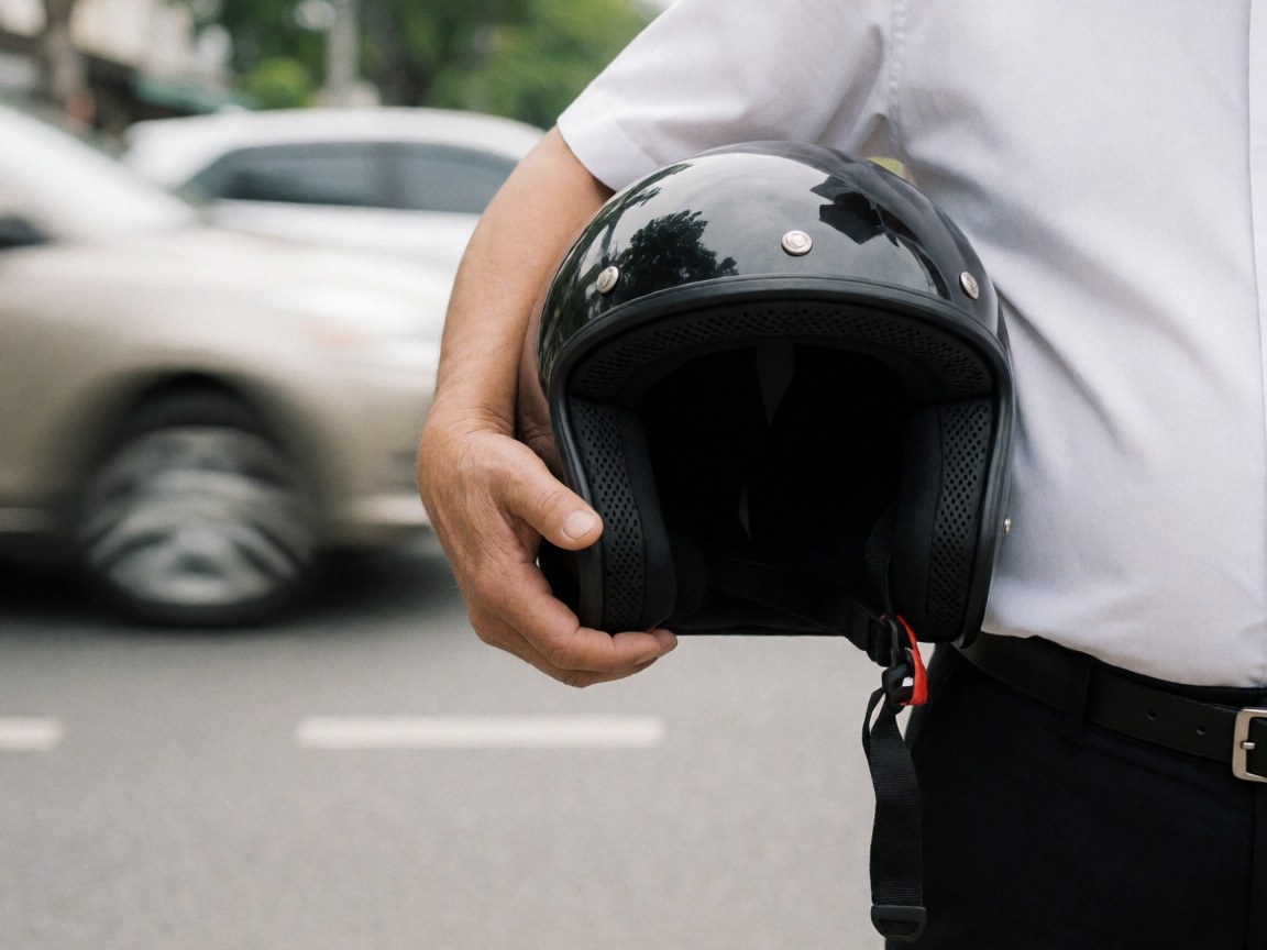 Gros plan d'une main tenant un casque de moto noir, avec des voitures floues en arrière-plan, évoquant le transport urbain.