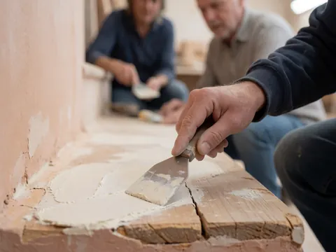Une main utilise une truelle pour appliquer du stuc sur une surface en bois et un mur rose, illustrant des finitions de construction.