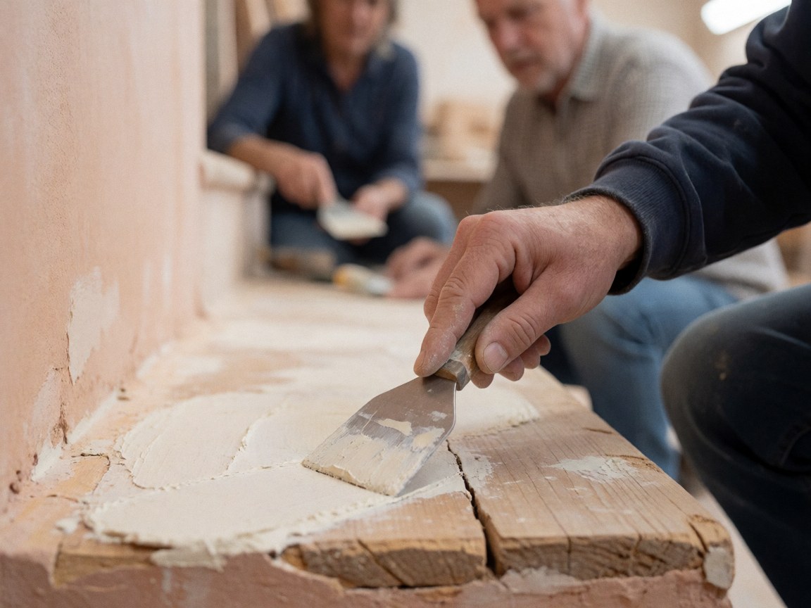 Une main utilise une truelle pour appliquer du stuc sur une surface en bois et un mur rose, illustrant des finitions de construction.