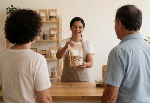 Une vendeuse souriante tend un sac contenant des articles faits main à un client dans une boutique rurale aux murs blancs et aux étagères en bois.