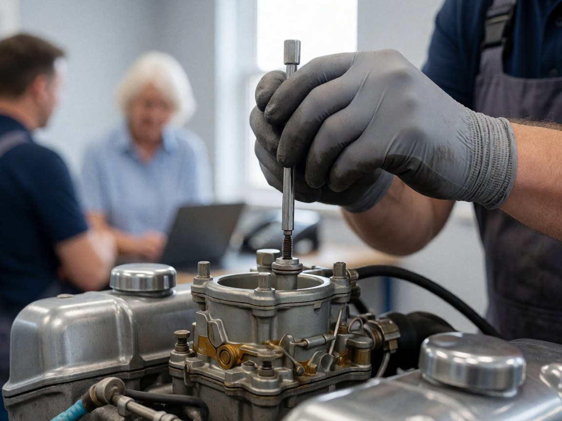 Un mécanicien portant des gants ajuste une vis sur le carburateur d'une motocyclette dans un atelier aux murs gris avec des spectateurs en arrière-plan