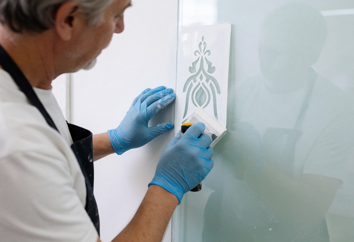 Un technicien en gants bleus applique de la peinture sur une vitre avec un pochoir, créant un motif givré sur fond blanc, scène professionnelle et réaliste.