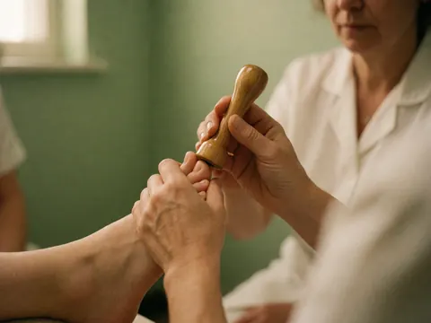 Un podologue utilise un outil en bois pour traiter le pied d'un client dans un cabinet aux murs verts.