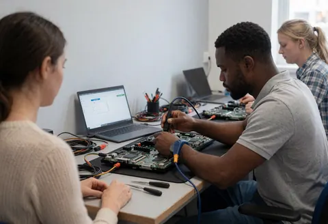 Un technicien répare une carte mère de télévision dans un atelier gris, entouré d'outils et d'un ordinateur portable affichant des données techniques.
