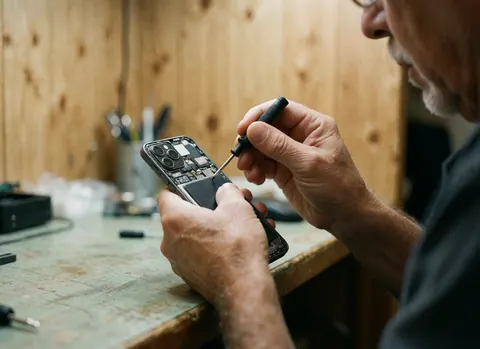 Un technicien utilisant un tournevis pour réparer un smartphone démonté sur une table de travail dans un atelier.