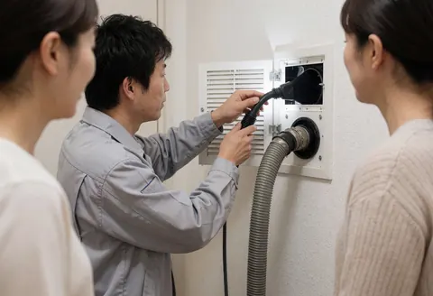 Un technicien en uniforme gris nettoie un ventilateur blanc avec un tuyau de vide tandis que deux personnes observent dans un couloir à murs blancs lors d'une intervention de réparation de chauffage.