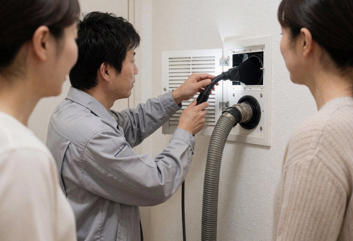 Un technicien en uniforme gris nettoie un ventilateur blanc avec un tuyau de vide tandis que deux personnes observent dans un couloir à murs blancs lors d'une intervention de réparation de chauffage.