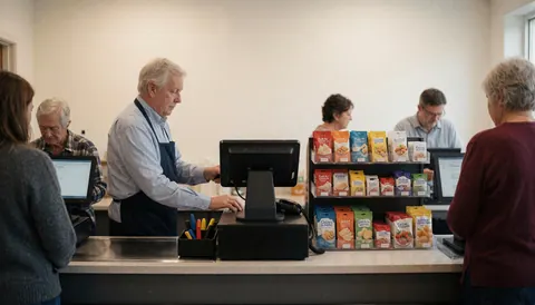 Un caissier mature effectue une transaction avec un client devant un comptoir de papeterie, avec des étagères et des murs blancs en arrière-plan.