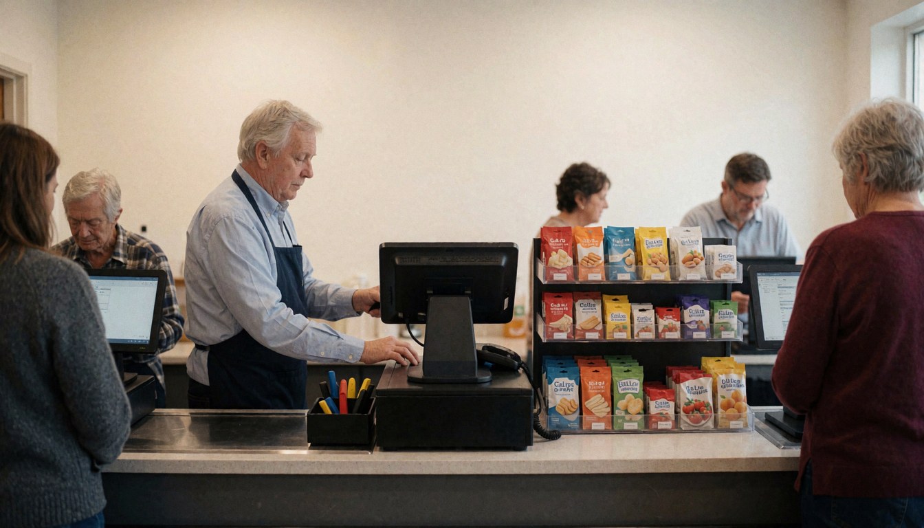 Un caissier mature effectue une transaction avec un client devant un comptoir de papeterie, avec des étagères et des murs blancs en arrière-plan.