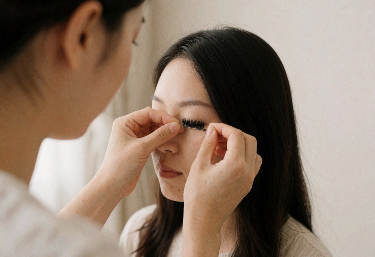 Application de cils postiches en salon de beauté, cliente les yeux fermés sur fond neutre flou, geste professionnel détaillé.