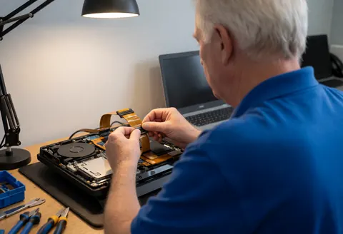 Un technicien en réparation électronique branche un câble flexible sur une console PlayStation 4 démontée posée sur une table de travail avec des outils.