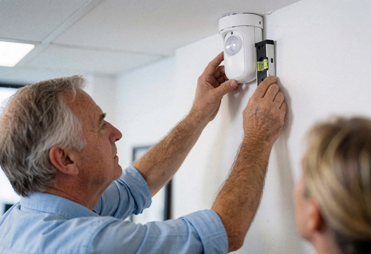 Un technicien professionnel installe un détecteur de mouvement blanc sur un mur clair en utilisant un niveau à bulle pour assurer la précision de l'installation du système d'alarme.