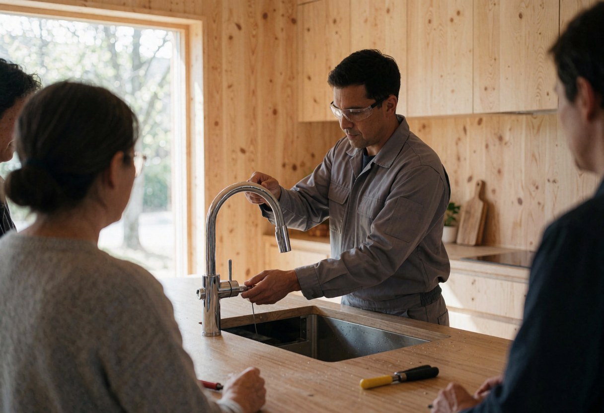 Un plombier portant des lunettes de sécurité installe un robinet chromé dans une cuisine moderne avec armoires en bois clair et lumière naturelle.