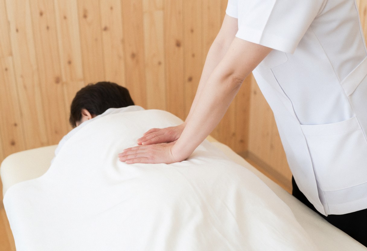 Un thérapeute en uniforme blanc applique un massage professionnel sur le dos d'un client, utilisant une serviette blanche dans un espace de soins.
