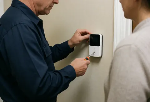 Un technicien installe un système d'alarme sur un mur intérieur pendant qu'un client observe la scène de réparation.