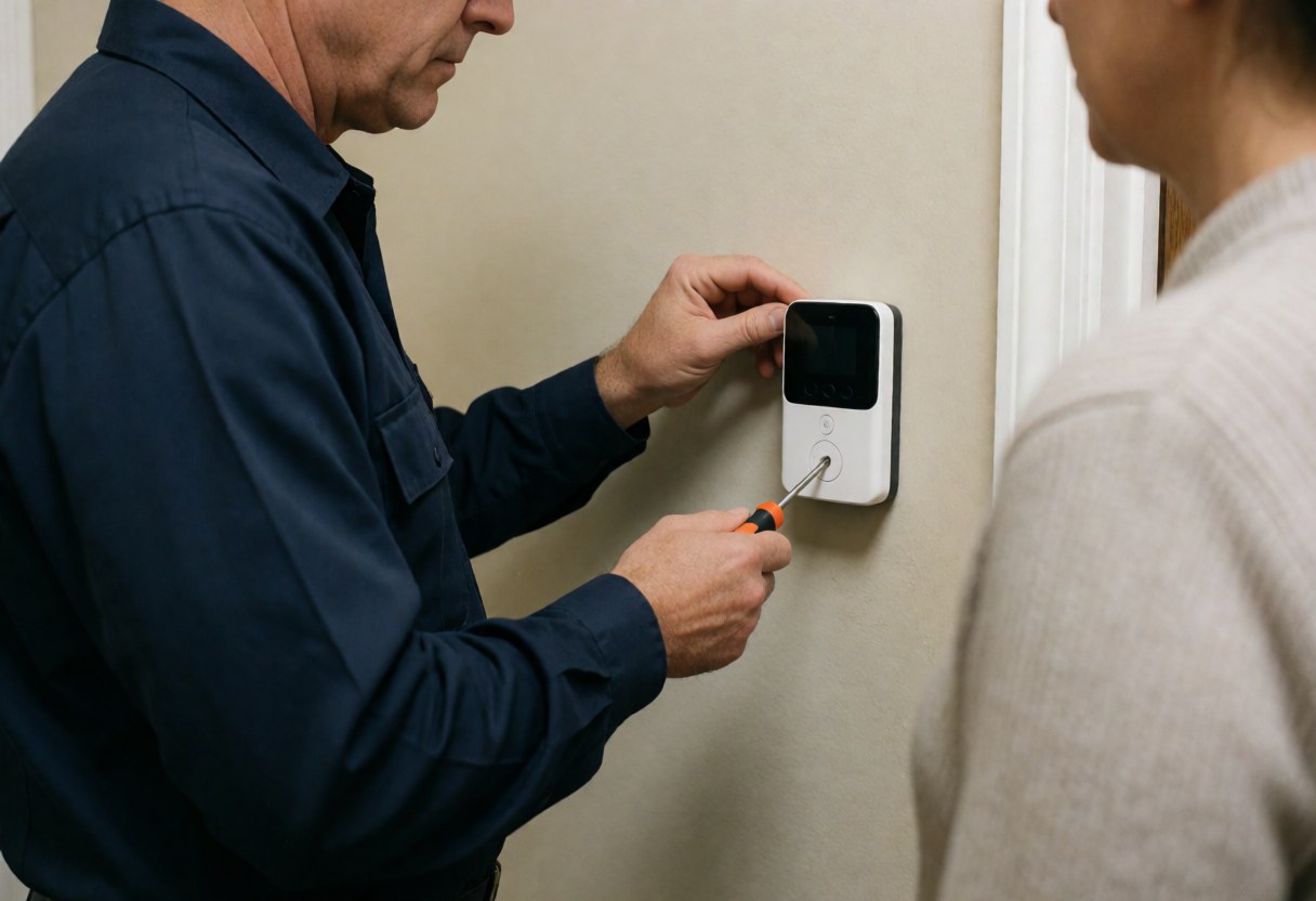 Un technicien installe un système d'alarme sur un mur intérieur pendant qu'un client observe la scène de réparation.