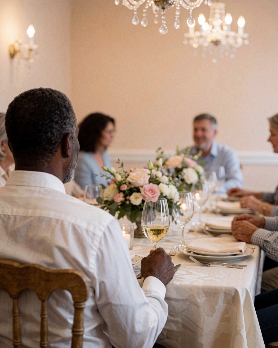 Une cliente savoure un repas élégant sur une table avec nappe blanche et centre floral, éclairée par des bougies dans un restaurant.