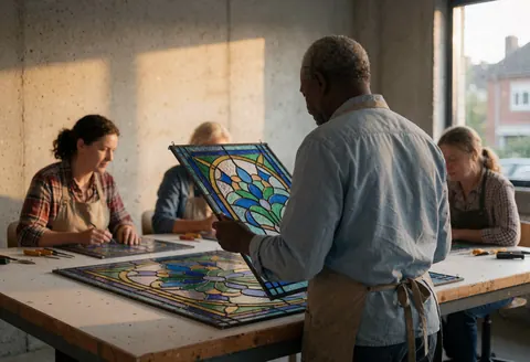 Un artisan examine attentivement un panneau de vitrail aux motifs floraux en bleu et vert dans son atelier baigné de lumière naturelle.