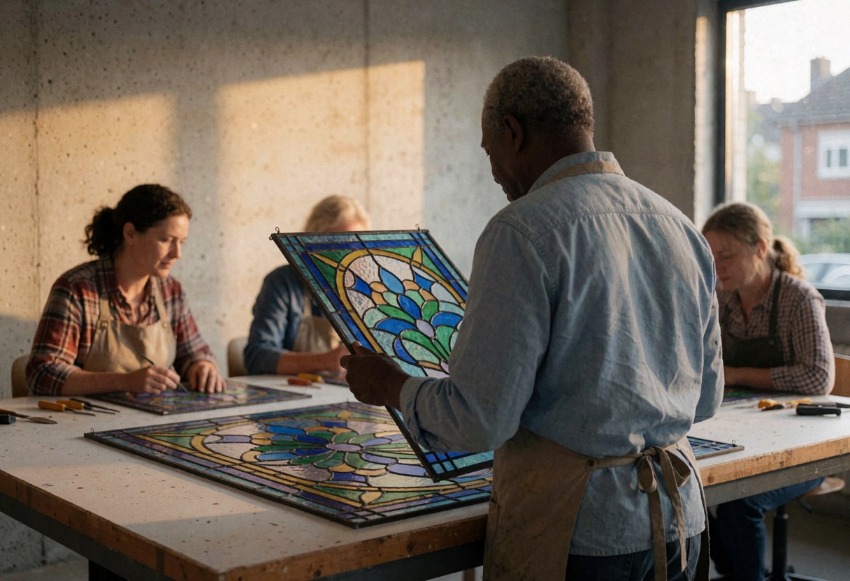 Un artisan examine attentivement un panneau de vitrail aux motifs floraux en bleu et vert dans son atelier baigné de lumière naturelle.