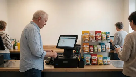 Un caissier effectuant une transaction avec un système de point de vente moderne dans une papeterie aux étagères bien rangées et aux murs blancs.