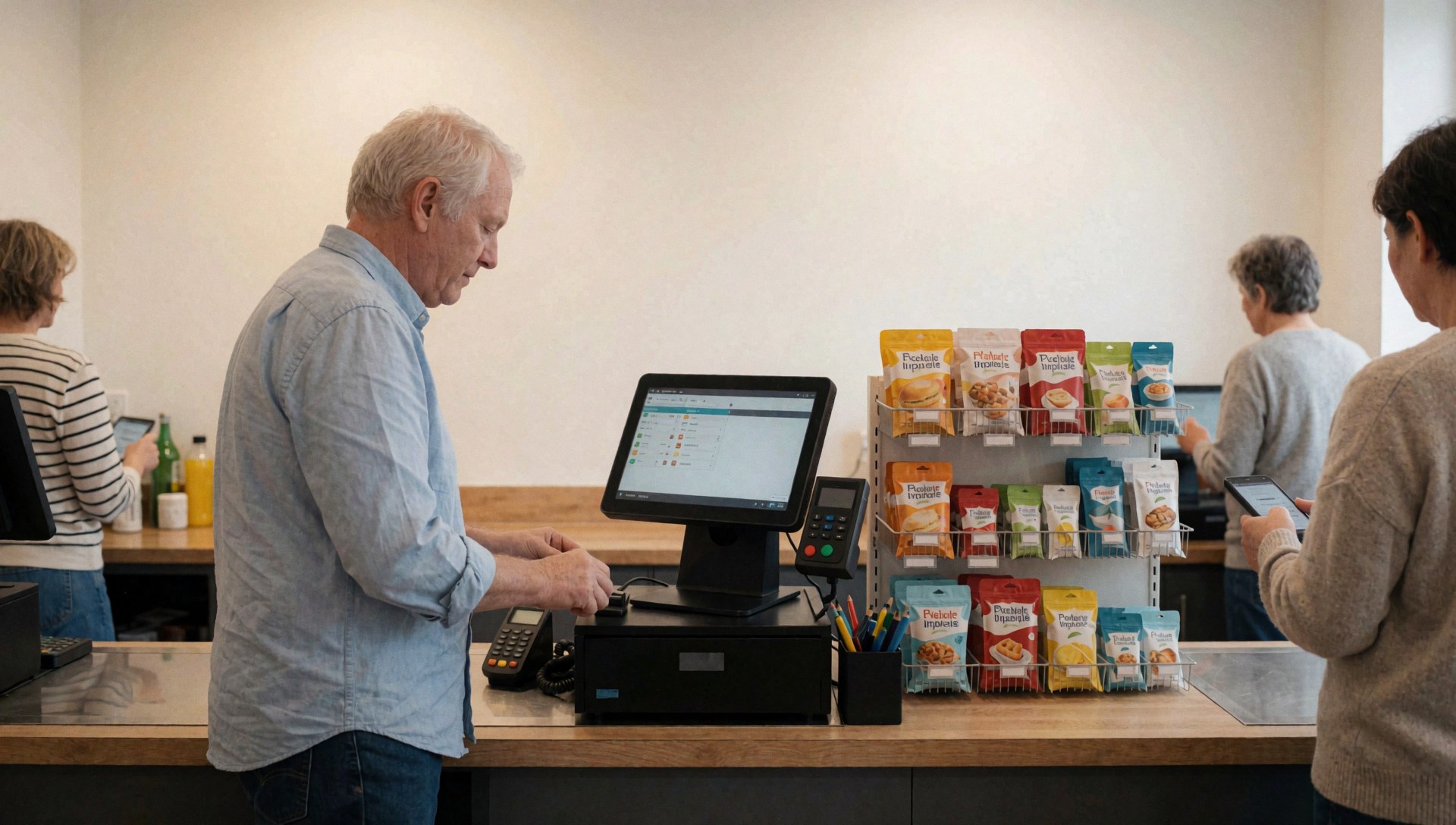 Un caissier effectuant une transaction avec un système de point de vente moderne dans une papeterie aux étagères bien rangées et aux murs blancs.