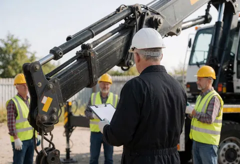 Un technicien en casque et gilet de sécurité examine une grue articulée dans une aire de maintenance tandis que d'autres travailleurs observent.